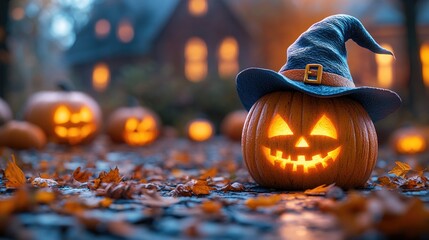 Pumpkin Lantern, Witch Hat, Spooky Halloween Decor, Autumn Vibe, Festive Atmosphere, Glowing Orange, Holiday Celebration