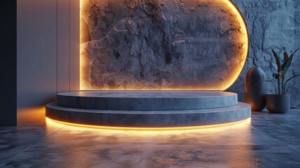 Wall Mural - concrete podium with glowing neon light and a plant.