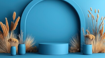 Sticker - Minimalist arrangement with blue background and pedestal, featuring dry grasses and pampas in blue vases.