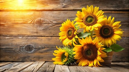 Wall Mural - A Rustic Still Life of Bright Yellow Sunflowers in a Wooden Vase Against a Weathered Wooden Background