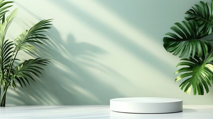 Sticker - Minimalist interior scene with tropical plants casting shadows on a light green wall and a white circular platform on the floor.