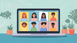© Hasan Pixel - A laptop screen with diverse millennial young people having a video call. A group of multiracial teenagers from different ethnic backgrounds connected in a virtual meeting conference