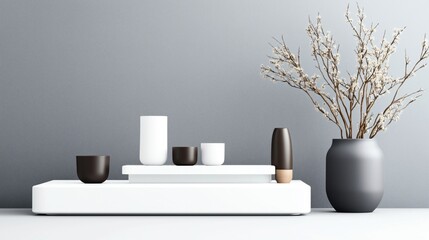 Sticker - Minimalist still life with modern vases and dry branches against a gray background.