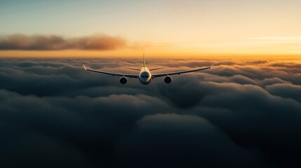 Canvas Print - Airplane flying above dense clouds at sunset, showing dramatic sky and horizon, with soft orange and yellow light.