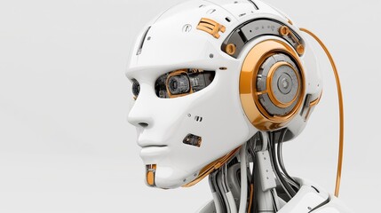 Poster - Futuristic humanoid robot with white and orange design, showcasing mechanical and electronic components, emphasizing advanced robotics technology and artificial intelligence.