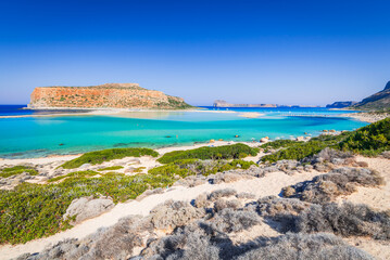 Crete, Greece. Amazing landscape with Balos Lagoon beach and Gramvousa island, Aegean Sea beautiful summer holiday.