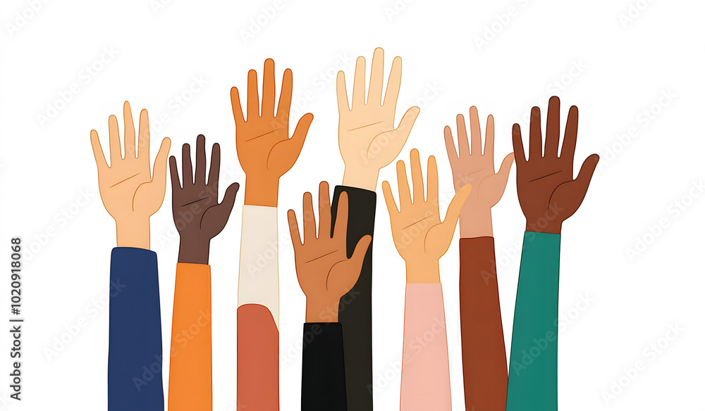 Diverse hands raised in the air, a vector illustration of diverse human ...