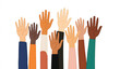 © Emmy Ljs - Diverse hands raised in the air, a vector illustration of diverse human skin tones reaching up together on a white background. Conceptual design for a diversity or unity theme.