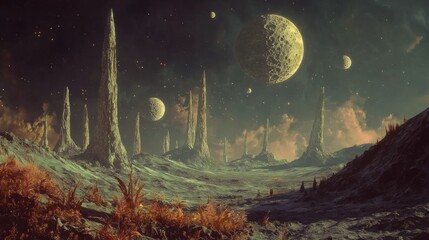 Wall Mural - an alien landscape with strange plants and moons in the sky