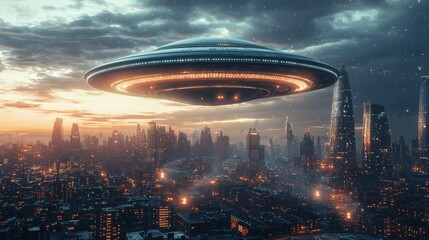 An alien spacecraft flying over a futuristic city on Earth