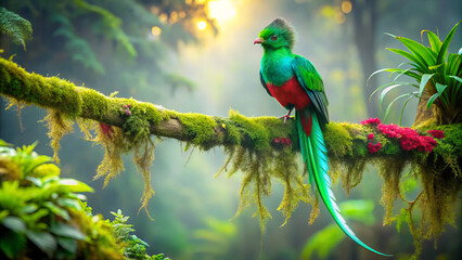 Wall Mural - vibrant resplendent quetzal perched on mossy branch, surrounded by lush greenery and colorful flowers, creates stunning scene in misty forest. birds striking colors and serene environment evoke sense