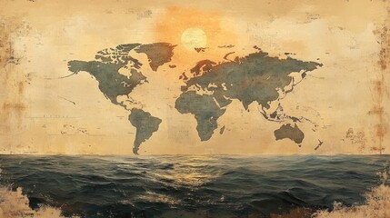 Vintage world map with ocean and sunset background.