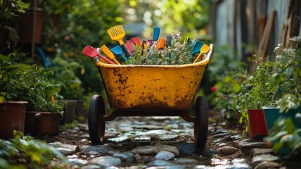 Yellow wheelbarrow filled with gardening tools and plants in a backyard garden