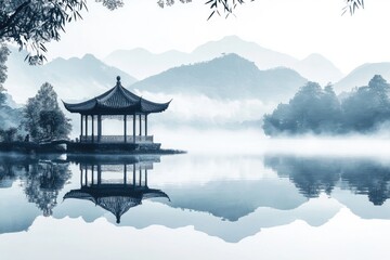 Sticker - A serene pagoda sits atop a calm lake, surrounded by lush green trees