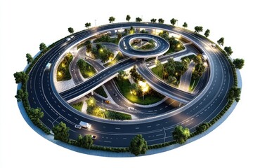 Canvas Print - Aerial shot of a busy highway intersection at night, with cars and trucks moving along the roads