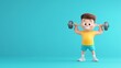 © P - 3D cartoon athlete lifting dumbbells with a cheerful expression, promoting fun and wellness through fitness