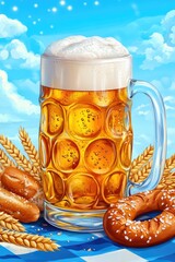 Poster - A warm atmosphere with a mug of beer and pretzels on a wooden table, perfect for social gatherings or cozy nights in