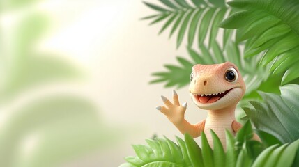 Adorable dinosaur waving, vibrant jungle scene, 3D illustration