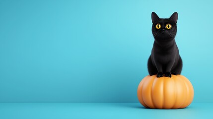 Black cat with glowing eyes, perched on a pumpkin, 3D illustration copy space for text, focus cover all object, deep dept of field