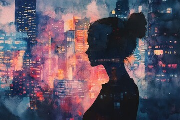 Canvas Print - A woman standing on a city street at night