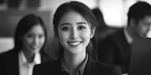 Poster - A smiling woman in a black and white photo, perfect for use in editorial or commercial contexts