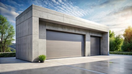 Poster - Modern Garage Doors on a Concrete Building with a Lush Landscape