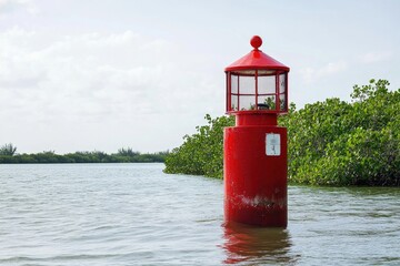 Canvas Print - A lighthouse standing tall in the middle of a calm sea or lake, providing guidance and safety for mariners