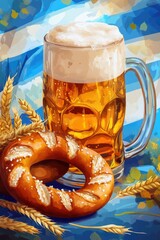 Canvas Print - A mug of frothy beer paired with a twisted pretzel, perfect for a casual gathering or game night