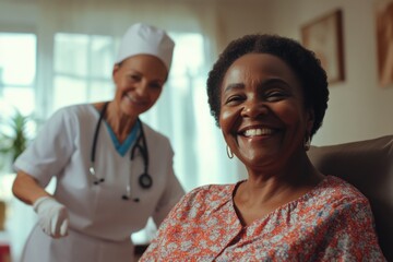 Wall Mural - A woman sits in a chair next to a nurse, receiving medical care