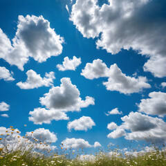 A whimsical shot of fluffy clouds forming animal shapes in a bright blue sky over a wildflower meadow - Generative AI