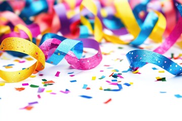 Canvas Print - Colorful confetti streamers on a white background, perfect for parties and celebrations