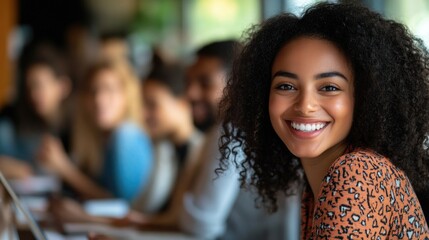 Wall Mural - A smiling woman sits in front of a laptop computer, focused on her work