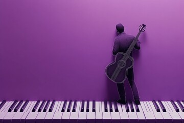 Sticker - A musician posing with his guitar and standing next to a piano, great for music-related compositions or backgrounds