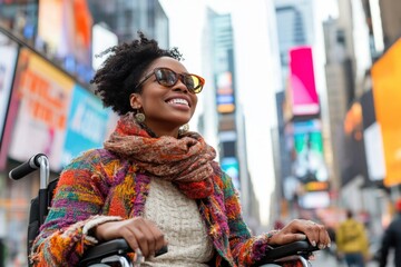 Wall Mural - A person in a wheelchair navigating through a busy city scene