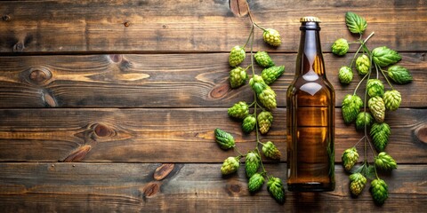 A bottle of beer with fresh hops on a rustic wooden surface