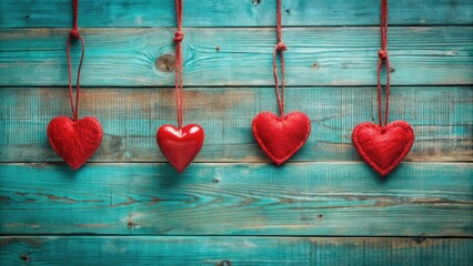 Poster - Red Heart Ornaments Hanging on Blue Wooden Background