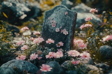 Sticker - A small pink flower grows out of a stone in a natural setting