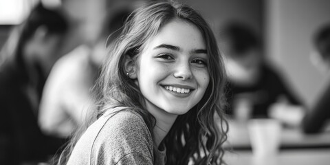 Poster - A woman sitting at a table with a bright smile, looking directly at the camera