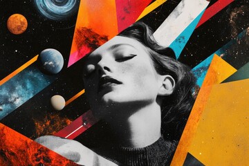Canvas Print - a black and white photo of a woman looking up at the stars, with planets in the background