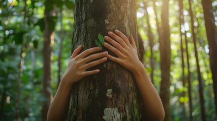 nature lover hugging a trunk tree with green moss in tropical woods forest. green natural background