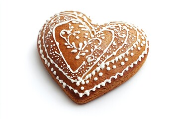 Poster - Freshly baked ginger heart shaped cookie on a white background, perfect for food photography or as an illustration