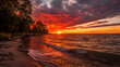 © Hasan Pixel - Nature's evening masterpiece: a serene sunset over the ocean with fiery red hues illuminating the sky, creating a peaceful afterglow as the heat of the day gives way to the calm of dusk.