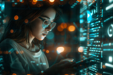 woman with tablet and software coding hologram