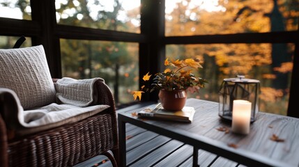 Poster - A wicker chair sitting on top of a wooden table