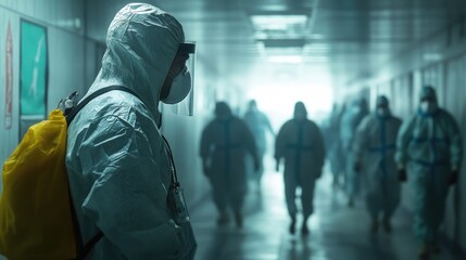 Canvas Print - A group of people walking together down a long hallway