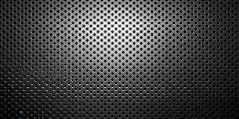Poster - A close-up view of a metallic surface with a repeating pattern of circular holes, illuminated by a single light source, creating a gradient effect across the textured surface.