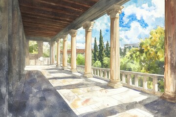 Canvas Print - A watercolor painting of a cozy porch with columns and ornate details, suitable for use in home decor or design projects