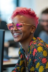 Sticker - A happy woman with bright pink hair and glasses enjoying herself