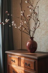 Poster - A decorative brown vase with white flowers on top of a dresser