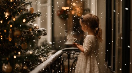 Wall Mural - A little girl holding a cup of coffee in the snow